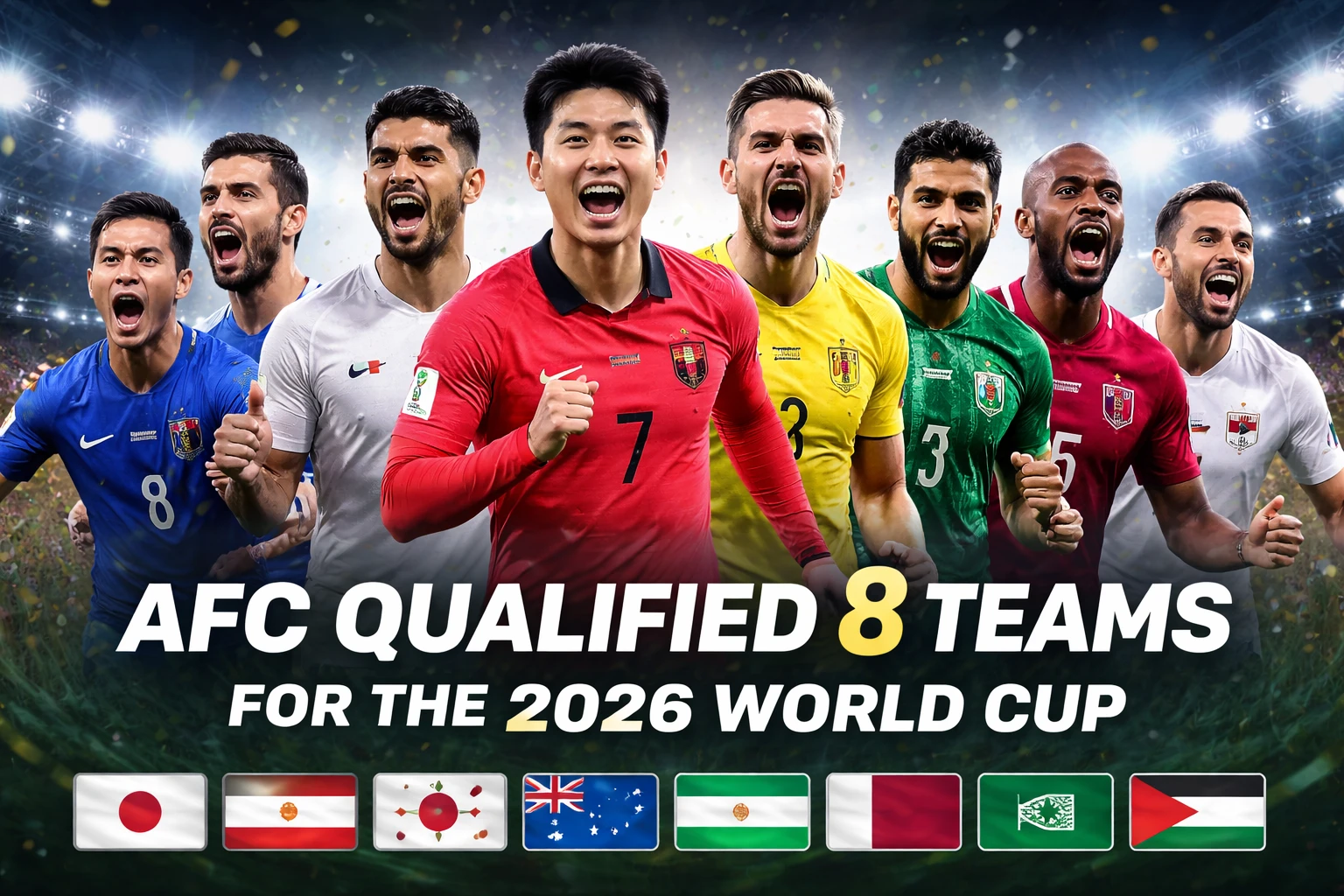 AFC Qualified 8 Teams for the 2026 World Cup banner showing Asian football players in a stadium-style celebration graphic